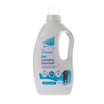 A bottle of ANIGENE Pet Laundry Sanitiser with a blue and white label, shown on a plain white background.