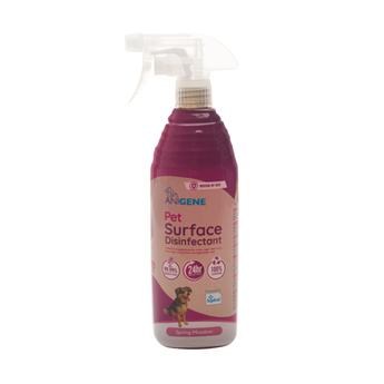 Anigene Pet Surface Disinfectant in a 750ml spray bottle, featuring a pink and beige label with a dog illustration, on a white background.