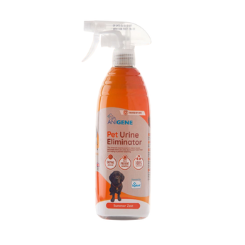 A bottle of ANIGENE Pet Urine Eliminator spray with orange liquid inside, featuring a white trigger sprayer and a label with a dog illustration, on a plain white background.