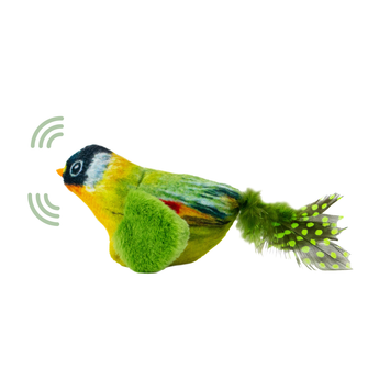 An Ancol green chirping Greenfinch bird shaped plush cat toy, shown on a white background.