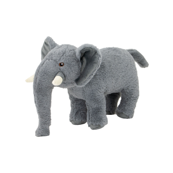 An Ancol grey plush elephant dog toy with white tusks, pictured on a white background.
