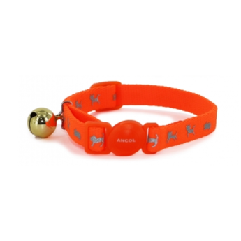An Ancol orange adjustable cat collar with a small gold bell and grey reflective silhouette cat pattern, shown on a plain white background.