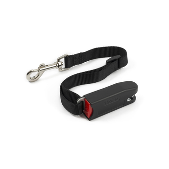 An Ancol black nylon pet harness connector with a silver metal clasp and a black plastic buckle featuring a red release tab, shown on a plain white background.