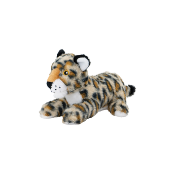 An Ancol plush mini leopard dog toy lying down, featuring a spotted orange, black, and cream fur pattern with a white muzzle and inner ears, set against a plain white background.