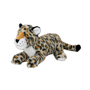 An Ancol plush leopard dog toy lying down, featuring a spotted orange, black, and cream fur pattern with a white muzzle and inner ears, set against a plain white background.