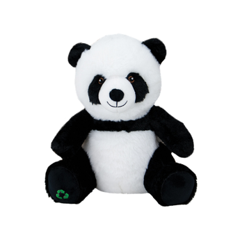 An Ancol 'Made From' Plush panda dog toy with a recycle symbol on it's foot, pictured on a white background.