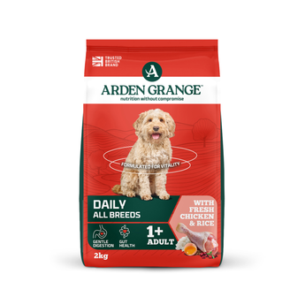 A 2kg bag of Arden Grange, Daily, All Breeds dog food, 1+ adult, with chicken and rice, featuring a golden doodle dog on the front of a red and green bag.