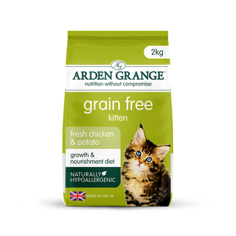 A 2kg bag of Arden Grange, Grain Free, Kitten food, featuring a bright green packaging design with a photo of a tabby kitten on the front.