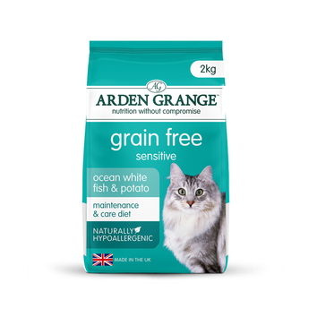 A 2kg bag of Arden Grange Grain Free Sensitive Ocean White Fish & Potato cat food, featuring a teal and white package with a picture of a grey tabby cat on the front.