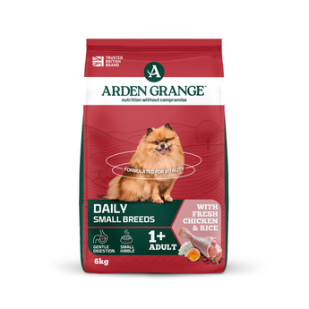 A 6kg bag of Arden Grange, Daily, Small Breeds dog food, featuring a red and green bag with a picture of a fluffy orange Pomeranian dog on the front. The packaging highlights 'With Fresh Chicken & Rice' and is set against a plain white background.