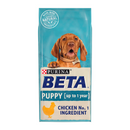 White background with a blue bag of Purina Beta Puppy Food. Pictured on the bag is a Vizsla puppy text on the bag reads 'Purina Beta, Puppy (up to 1 year) Chicken No.1 Ingredient.'