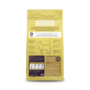 White background with back view of a bag of Burgess Adult Cat Chicken and Duck dry food.