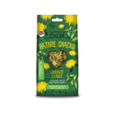 White background with a picture of a green packet of Burgess Excel Nature Snacks Luscious Leaves with illustrated dandelions pictured on the packet. A heart shaped window shows the leaf mix inside.