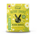 White background with a picture of a green box of Burgess Excel Nature Snacks Meadow Munchies with illustrated camomile flowers pictured on the packet. A rabbit shaped window shows the treats inside.