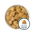 White background with a white bowl of dry dog food and a circle with a close up picture of a single kibble with the size displayed beneath '2cm x 2cm, width/depth, average size'.