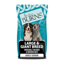 White background with a bag of Burns Large Breed Original Chicken dry dog food, pictured on the bag is a Burmese Mountain dog and a Irish Wolfhound below is text 'Large & Giant Breed, Original Chicken & Brown Rice, Adult/Senior Dogs'.