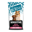 White background with a bag of Burns Sensitive Duck dry dog food, pictured on the bag is a Sheltie and a Dachshund below is text 'Sensitive Duck & Brown Rice, Adult/Senior Dogs'.