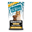 White background with a bag of Burns Sensitive Grain Free Duck dry dog food, pictured on the bag is a Sheltie and a Dachshund below is text 'Sensitive Grain Free, Duck & Potato, Adult/Senior Dogs'.