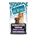 White background with a bag of Burns Sensitive Grain Free Turkey dry dog food, pictured on the bag is a Sheltie and a Dachshund below is text 'Sensitive Grain Free, Turkey & Potato, Adult/Senior Dogs'.