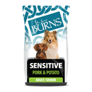 White background with a bag of Burns Sensitive Pork dry dog food, pictured on the bag is a Sheltie and a Dachshund below is text 'Sensitive Pork & Potato, Adult/Senior Dogs'.
