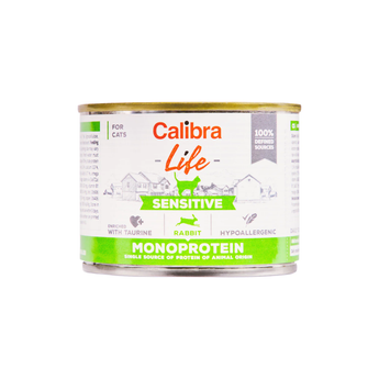 A can of Calibra Life Sensitive Monoprotein cat food, designed for rabbits and hypoallergenic diets, shown on a plain white background.