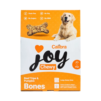 Calibra Joy Chewy Beef Tripe & Pumpkin Bones dog treats packaging box, featuring a golden retriever and a bone graphic on a white and orange background.