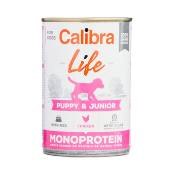 A can of Calibra Life Puppy & Junior wet dog food, featuring a white label with pink and orange text and a pink puppy silhouette, on a plain white background.