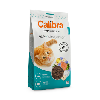 A bag of Calibra Premium Line Adult With Salmon cat food, featuring an orange tabby cat on the front, set against a plain white background.