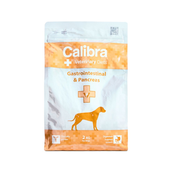 A 2 kg bag of Calibra Veterinary Diets Gastrointestinal & Pancreas dog food, featuring a white and orange design with a dog silhouette on a white background.