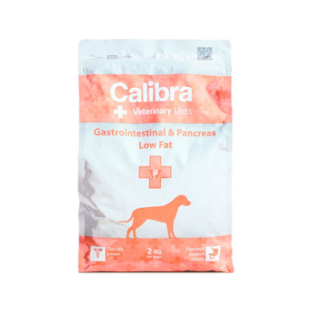 A 2 kg bag of Calibra Veterinary Diets Gastrointestinal & Pancreas Low Fat dog food, featuring a white and orange design with a dog silhouette.