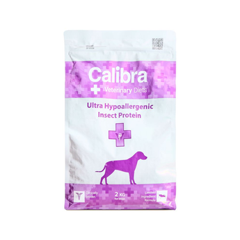 A 2 kg bag of Calibra Veterinary Diets Ultra Hypoallergenic Insect Protein dog food, featuring a white and purple packaging design with a dog silhouette.