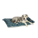Grey and white cross breed dog lying on a pillow-type grey dog bed with illustrated birds and a patterned underside pictured on a white background.