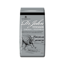 White background with a grey bag of Dr.John Titanium Chicken and Vegetables dry food. Pictured on the bag is an illustrated Labrador dog in a farm field.