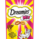 White background with a close up of a pink and yellow packet of Dreamies with Delicious cheese and Tempting Beef pictured. On the packet is an illustrated cartoon cat on it's back with an image of the treats above it and an illustrated fish. Text on the pack reads 'Dreamies, soft inside, crunchy outside, with Delicious cheese and Tempting Beef.'