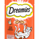 White background with a close of an orange packet of Dreamies with Tasty Chicken pictured. On the packet is an illustrated cartoon cat on it's back with an image of the treats above it and an illustrated chicken. Text on the pack reads 'Dreamies, soft inside, crunchy outside, with tasty chicken.'