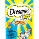 White background with a close up of a blue and yellow packet of Dreamies with Scrumptious Salmon and Delicious cheese pictured. On the packet is an illustrated cartoon cat on it's back with an image of the treats above it and an illustrated fish. Text on the pack reads 'Dreamies, soft inside, crunchy outside, with Scrumptious Salmon and Delicious cheese'