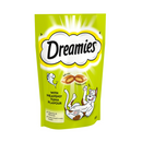 White background with a green packet of Dreamies with Heavenly Tuna pictured. On the packet is an illustrated cartoon cat on it's back with an image of the treats above it and an illustrated fish. Text on the pack reads 'Dreamies, soft inside, crunchy outside, with Heavenly Tuna.'