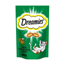 White background with a dark green packet of Dreamies with Tantalising Turkey pictured. On the packet is an illustrated cartoon cat on it's back with an image of the treats above it and an illustrated Turkey. Text on the pack reads 'Dreamies, soft inside, crunchy outside, with Tantalising Turkey.'