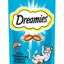 White background with a close up of a blue packet of Dreamies with Scrumptious Salmon pictured. On the packet is an illustrated cartoon cat on it's back with an image of the treats above it and an illustrated fish. Text on the pack reads 'Dreamies, soft inside, crunchy outside, with Scrumptious Salmon.'