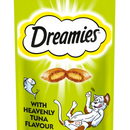 White background with a close up of a green packet of Dreamies with Heavenly Tuna pictured. On the packet is an illustrated cartoon cat on it's back with an image of the treats above it and an illustrated fish. Text on the pack reads 'Dreamies, soft inside, crunchy outside, with Heavenly Tuna.'