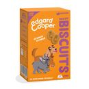 White background with an orange box of Edgard & Cooper Chicken Biscuit treats pictured. On the box is an illustrated French Bulldog and Cocker Spaniel. Text on the pack reads, 'Edgard & Cooper, Chicken Bravo Biscuits, No added sugar, Yes Really', above the dogs, text next to it reads 'Crunch, crunch'.