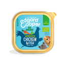 White background with a tray of Edgard and Cooper wet puppy food pictured. Text on the foil of the tray says 'Bio Organic, wonderful chicken & fish, carrot, pea.'