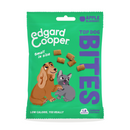 White background with an green packet of Edgard & Cooper Small Bites Apple & Blueberry pictured. On the packet is an illustrated French Bulldog and Cocker Spaniel. Text on the pack reads, 'Edgard & Cooper, Top Dog Bites, Apple & Blueberry. Low calorie, yes really.'