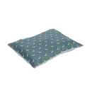 Pillow-type grey dog bed with illustrated birds and a patterned underside pictured on a white background.