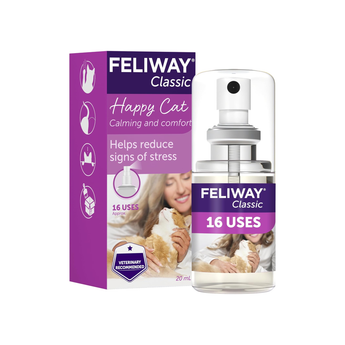 Feliway Classic Happy Cat calming spray bottle and packaging box, featuring purple and white branding with a photo of a woman holding a cat on the box.