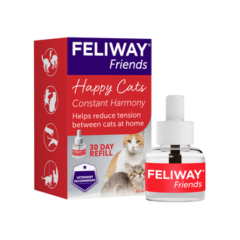 Feliway Friends Happy Cats constant harmony continuous cat pheromone refill pack, 30 day pack box with a small glass bottle and cap in front on a white background.