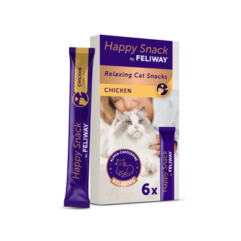 A box of Feliway Happy Snack, Relaxing Cat Snacks, Chicken flavour, shown with two individual purple and yellow stick packs on a clean white background.