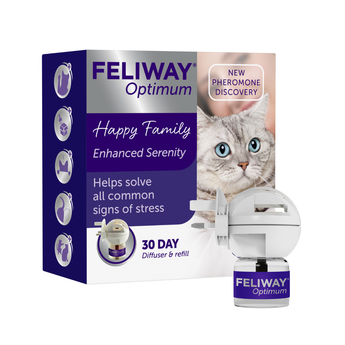 Feliway Optimum Happy Family diffuser and refill kit, showing the retail box with a cat photo and the white diffuser device with a purple label, on a plain white background.