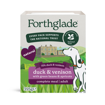 A box of Forthglade duck and venison dog food, featuring a white background with a green and purple illustrated label showing a dog and a country scene.