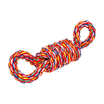 A multi-colored twisted rope dog toy with a looped end and a knotted center, shown on a plain white background.